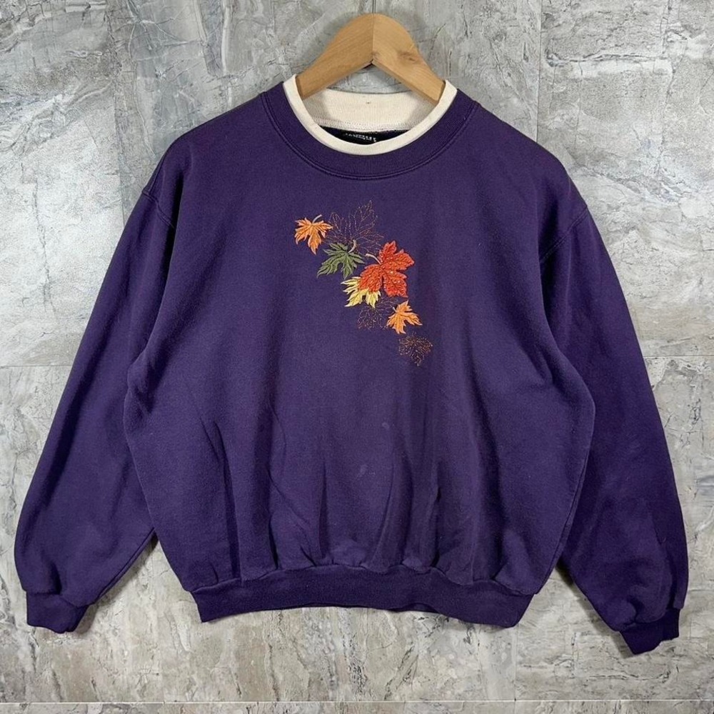 Vintage 90s morning sun purple crewneck sweatshirt with embroidered leaves SZ L